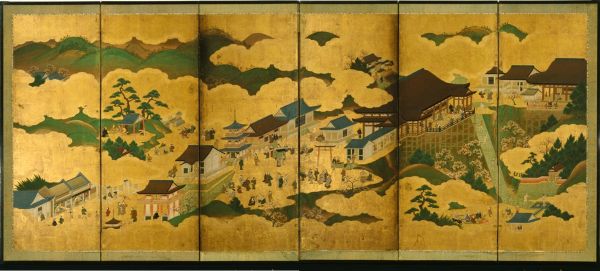 Art work detail: A folding screen depicting a visit to Kiyomizu